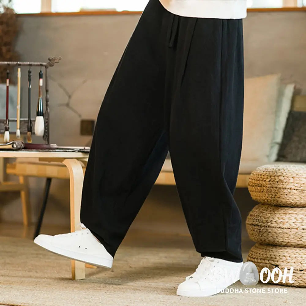 Buddha Stones Solid Color Cotton Linen Drawstring Men’s Harem Pants With Pockets - Men’s Harem Pants