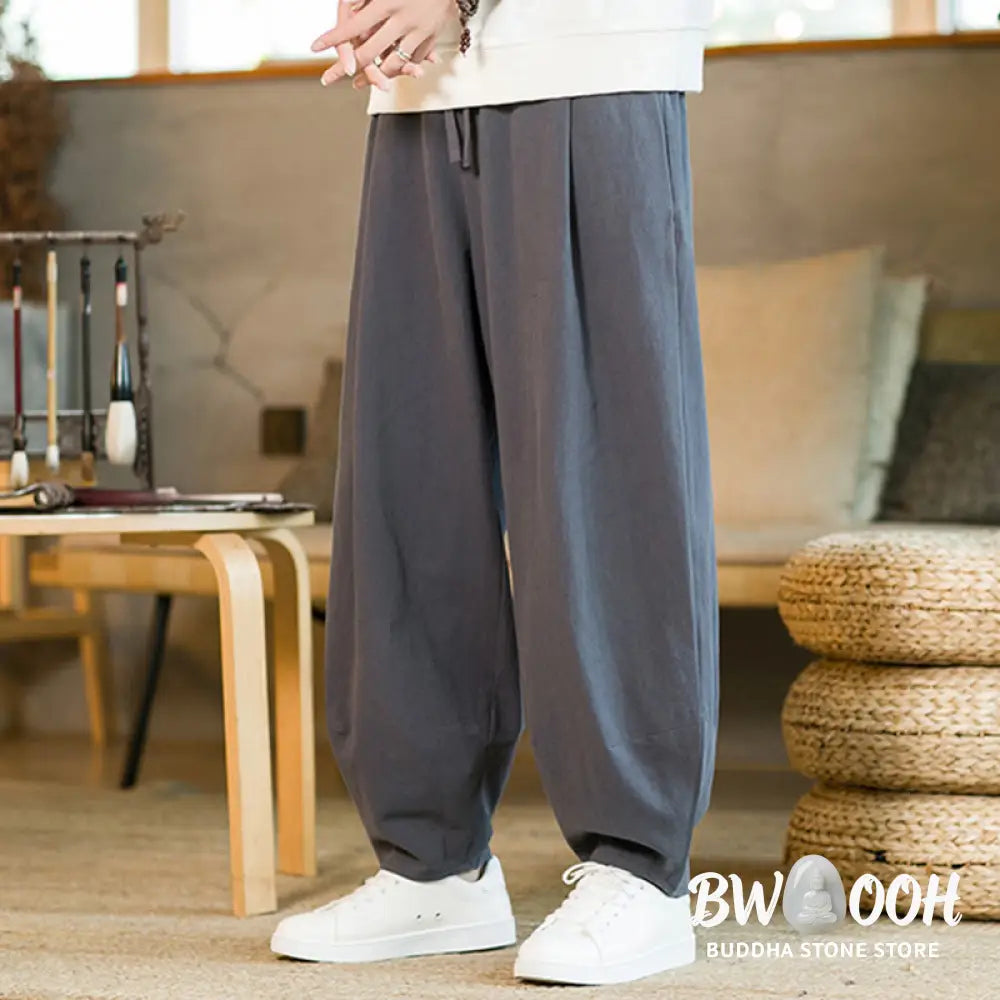 Buddha Stones Solid Color Cotton Linen Drawstring Men’s Harem Pants With Pockets - Men’s Harem Pants