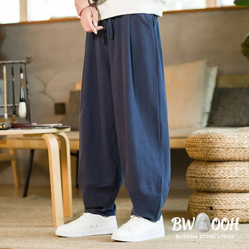 Buddha Stones Solid Color Cotton Linen Drawstring Men’s Harem Pants With Pockets - Men’s Harem Pants