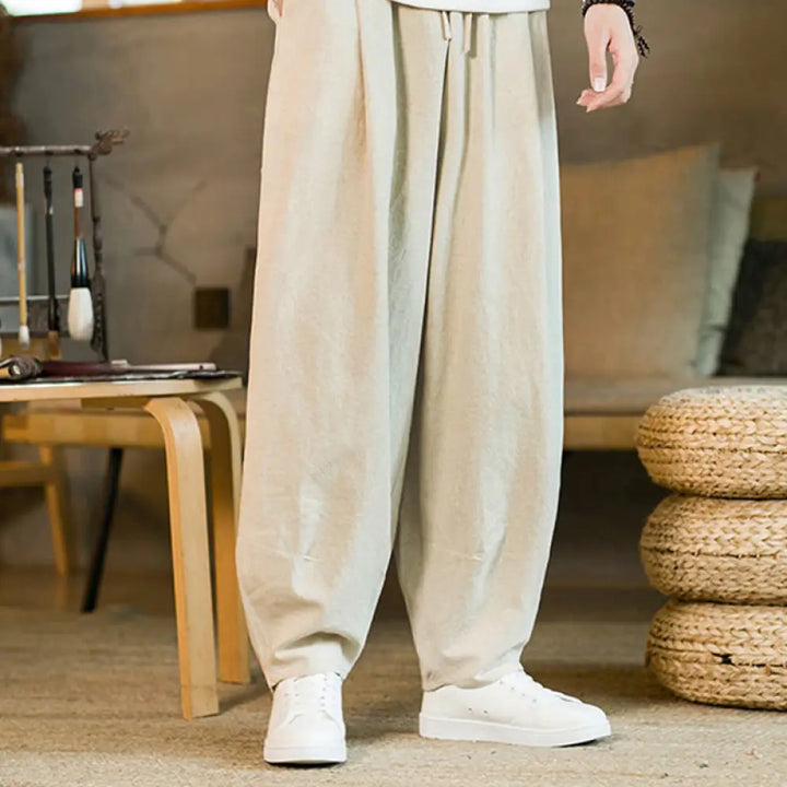 Buddha Stones Solid Color Cotton Linen Drawstring Men’s Harem Pants With Pockets - Beige / US/UK/AU36，EU46 (L) - Men’s