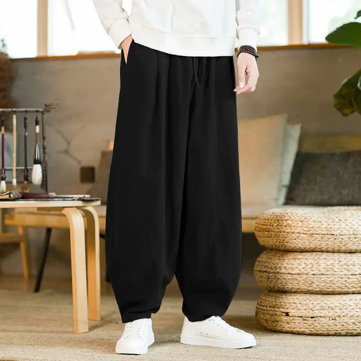 Buddha Stones Solid Color Cotton Linen Drawstring Men’s Harem Pants With Pockets - Black / US/UK/AU36，EU46 (L) - Men’s