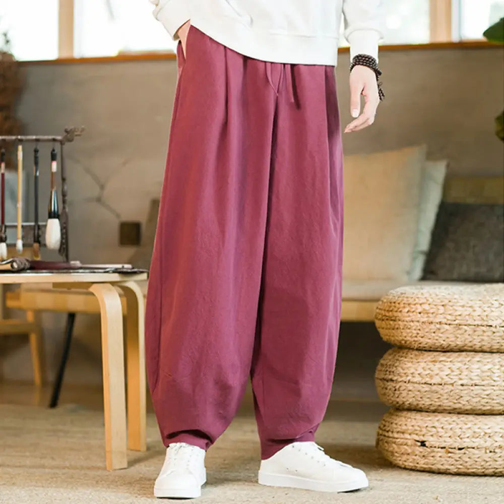 Buddha Stones Solid Color Cotton Linen Drawstring Men’s Harem Pants With Pockets - DeepPink / US/UK/AU36，EU46 (L)