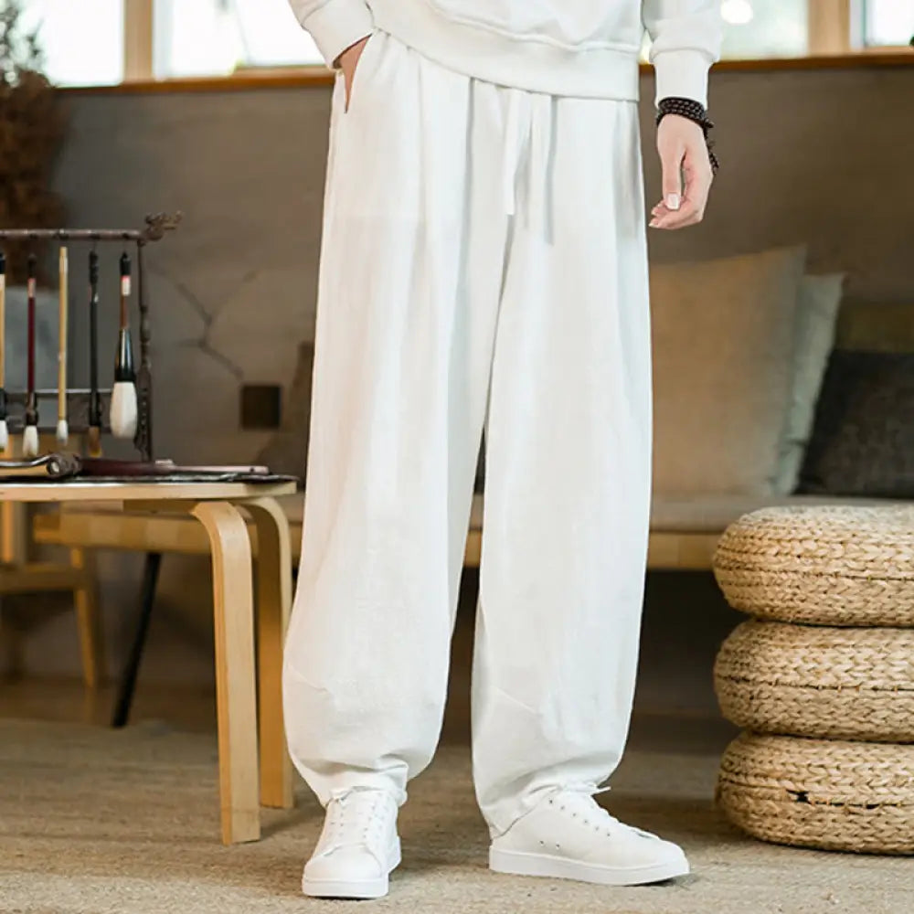 Buddha Stones Solid Color Cotton Linen Drawstring Men’s Harem Pants With Pockets - White / US/UK/AU36，EU46 (L) - Men’s