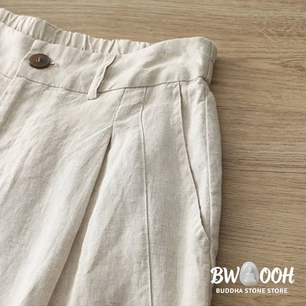 Buddha Stones Solid Color Cotton Women’s Button Wide Leg Pants With Pockets - Women’s Wide Leg Pants