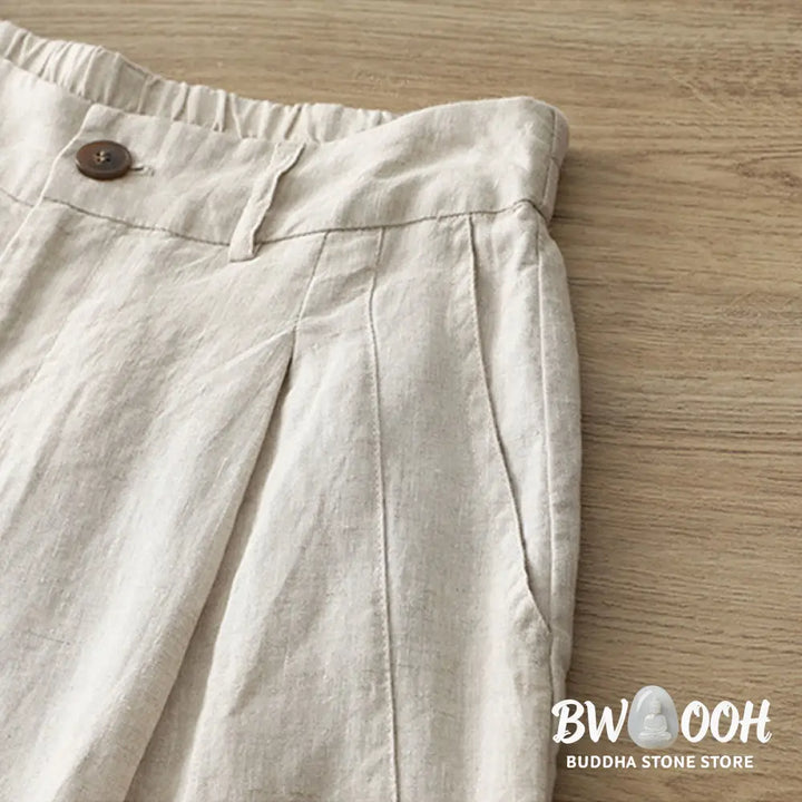 Buddha Stones Solid Color Cotton Women’s Button Wide Leg Pants With Pockets - Women’s Wide Leg Pants