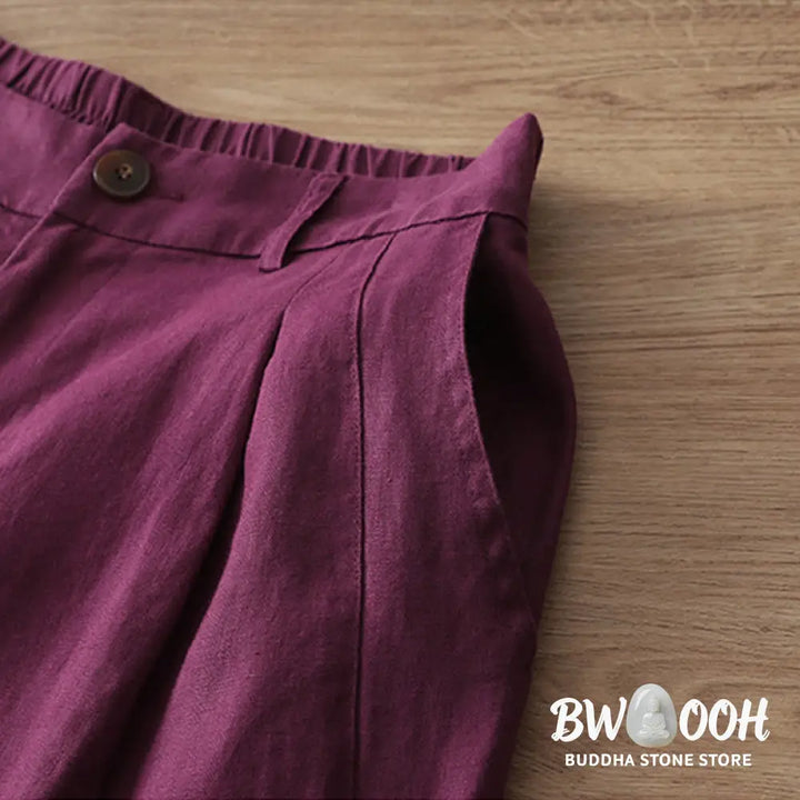 Buddha Stones Solid Color Cotton Women’s Button Wide Leg Pants With Pockets - Women’s Wide Leg Pants