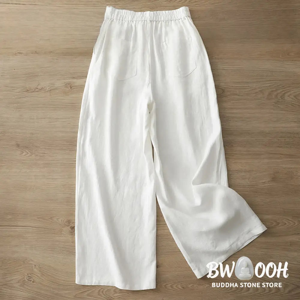 Buddha Stones Solid Color Cotton Women’s Button Wide Leg Pants With Pockets - Women’s Wide Leg Pants