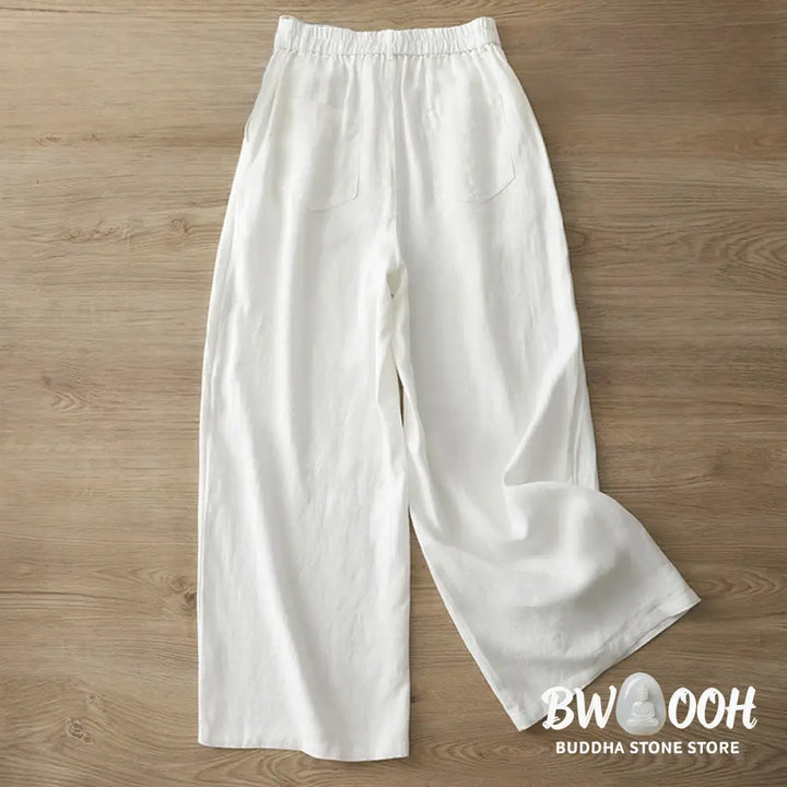 Buddha Stones Solid Color Cotton Women’s Button Wide Leg Pants With Pockets - Women’s Wide Leg Pants
