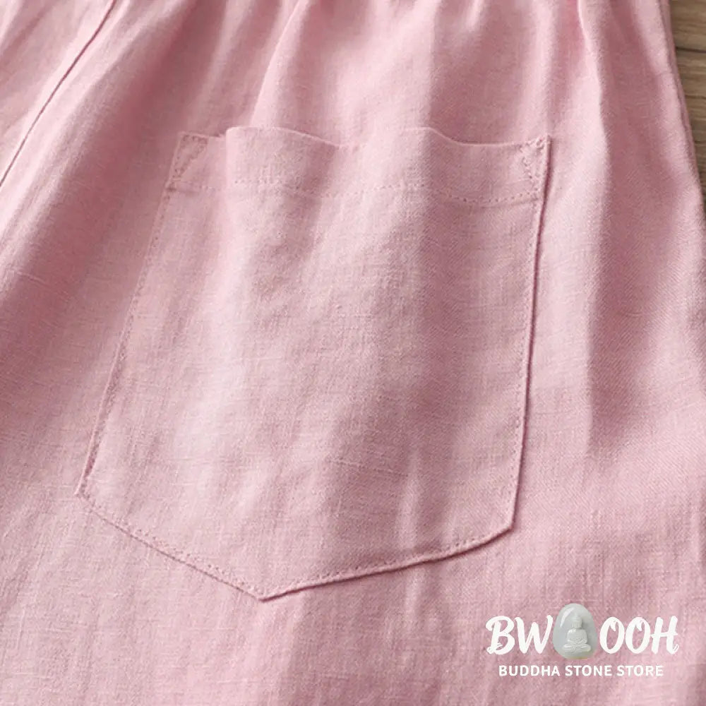 Buddha Stones Solid Color Cotton Women’s Button Wide Leg Pants With Pockets - Women’s Wide Leg Pants