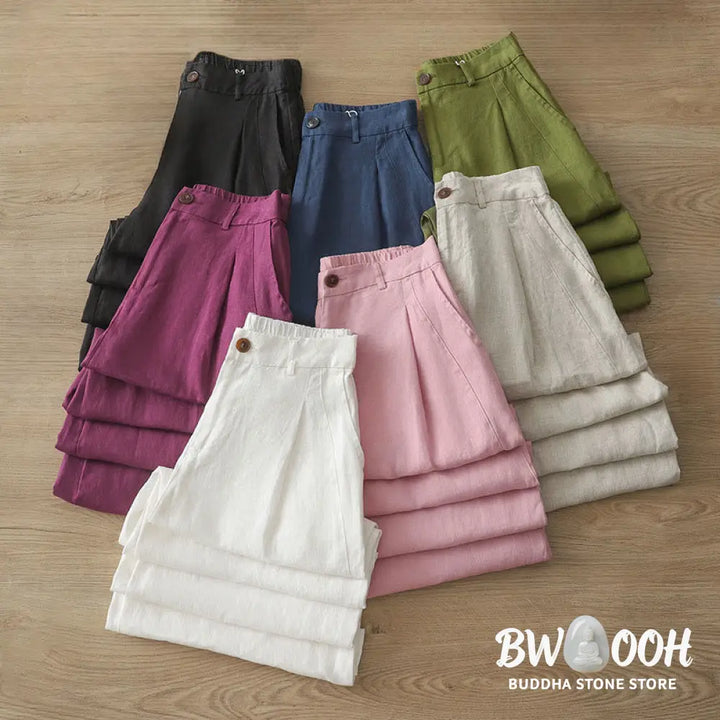 Buddha Stones Solid Color Cotton Women’s Button Wide Leg Pants With Pockets - Women’s Wide Leg Pants