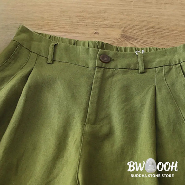 Buddha Stones Solid Color Cotton Women’s Button Wide Leg Pants With Pockets - Women’s Wide Leg Pants