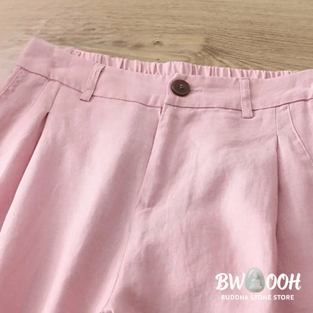 Buddha Stones Solid Color Cotton Women’s Button Wide Leg Pants With Pockets - Women’s Wide Leg Pants