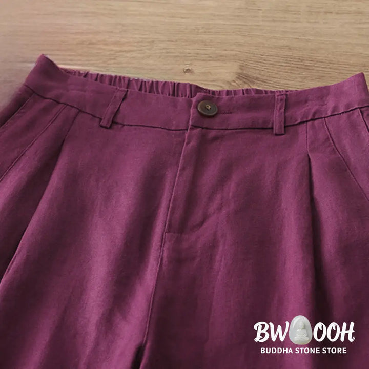 Buddha Stones Solid Color Cotton Women’s Button Wide Leg Pants With Pockets - Women’s Wide Leg Pants