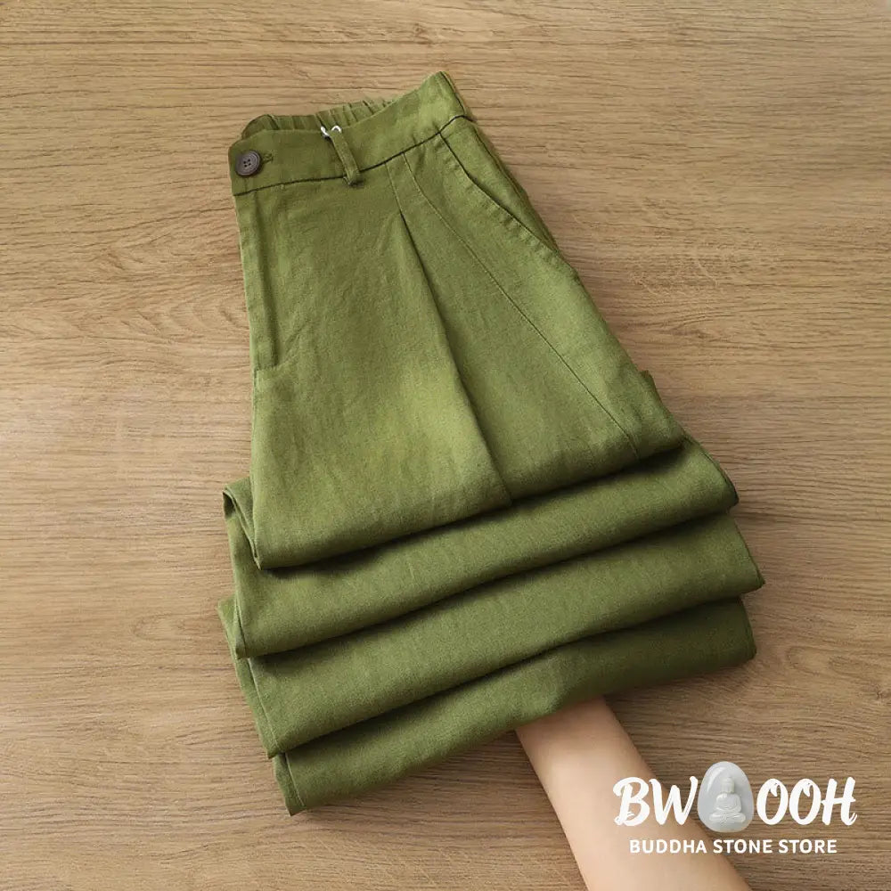 Buddha Stones Solid Color Cotton Women’s Button Wide Leg Pants With Pockets - Women’s Wide Leg Pants