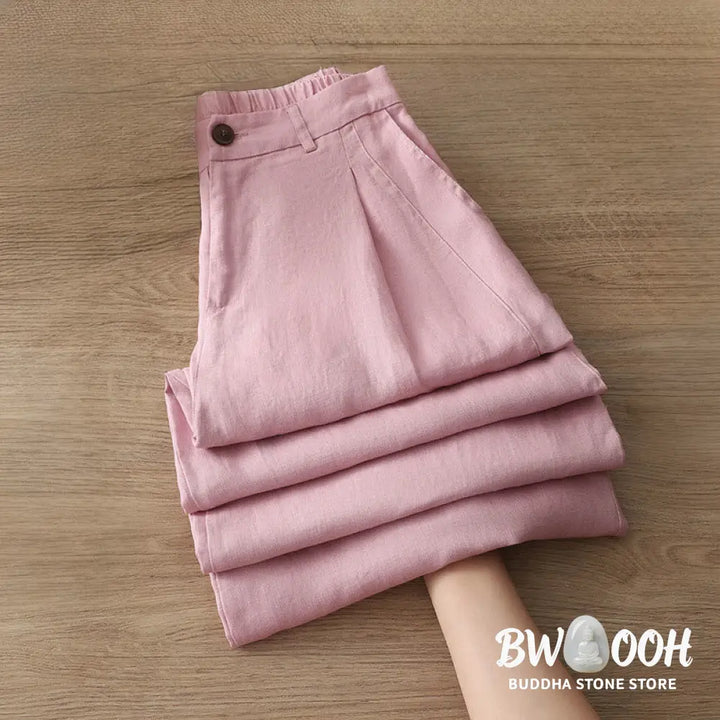 Buddha Stones Solid Color Cotton Women’s Button Wide Leg Pants With Pockets - Women’s Wide Leg Pants