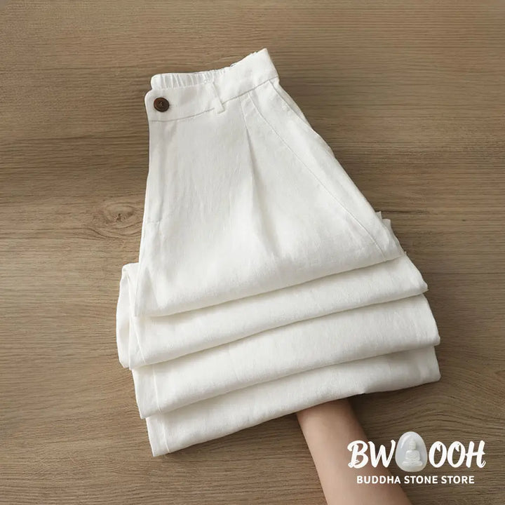 Buddha Stones Solid Color Cotton Women’s Button Wide Leg Pants With Pockets - Women’s Wide Leg Pants