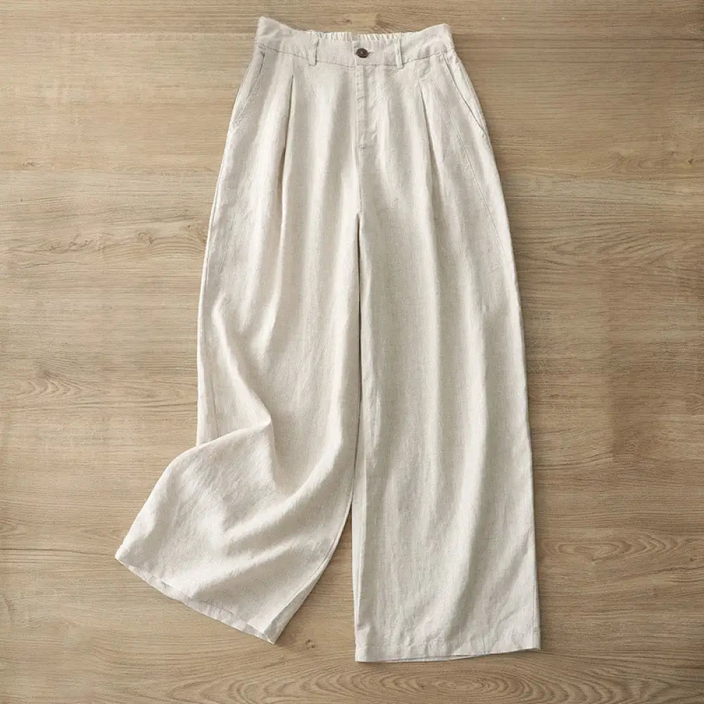 Buddha Stones Solid Color Cotton Women’s Button Wide Leg Pants With Pockets - Beige / US4，UK/AU8，EU36 (L) - Women’s