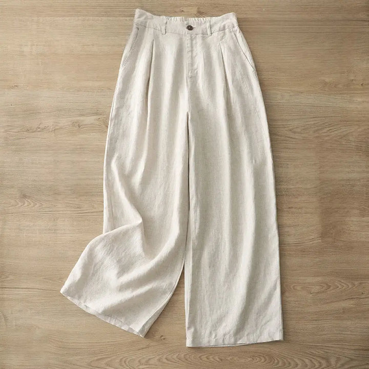 Buddha Stones Solid Color Cotton Women’s Button Wide Leg Pants With Pockets - Beige / US4，UK/AU8，EU36 (L) - Women’s