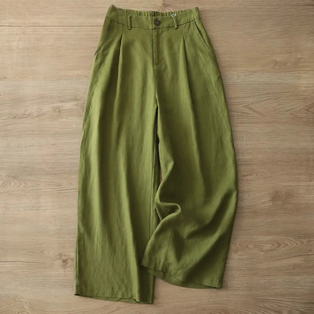 Buddha Stones Solid Color Cotton Women’s Button Wide Leg Pants With Pockets - OliveDrab / US4，UK/AU8，EU36 (L) - Women’s