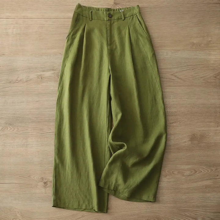 Buddha Stones Solid Color Cotton Women’s Button Wide Leg Pants With Pockets - OliveDrab / US4，UK/AU8，EU36 (L) - Women’s