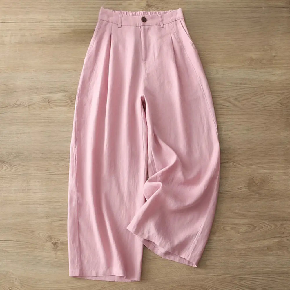 Buddha Stones Solid Color Cotton Women’s Button Wide Leg Pants With Pockets - Pink / US4，UK/AU8，EU36 (L) - Women’s Wide