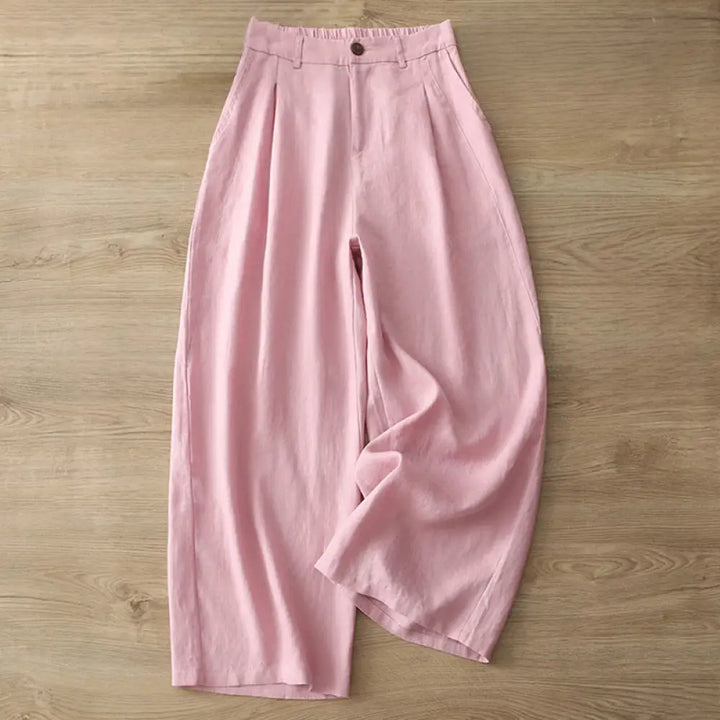 Buddha Stones Solid Color Cotton Women’s Button Wide Leg Pants With Pockets - Pink / US4，UK/AU8，EU36 (L) - Women’s Wide