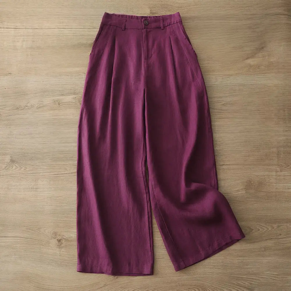 Buddha Stones Solid Color Cotton Women’s Button Wide Leg Pants With Pockets - Purple / US4，UK/AU8，EU36 (L) - Women’s