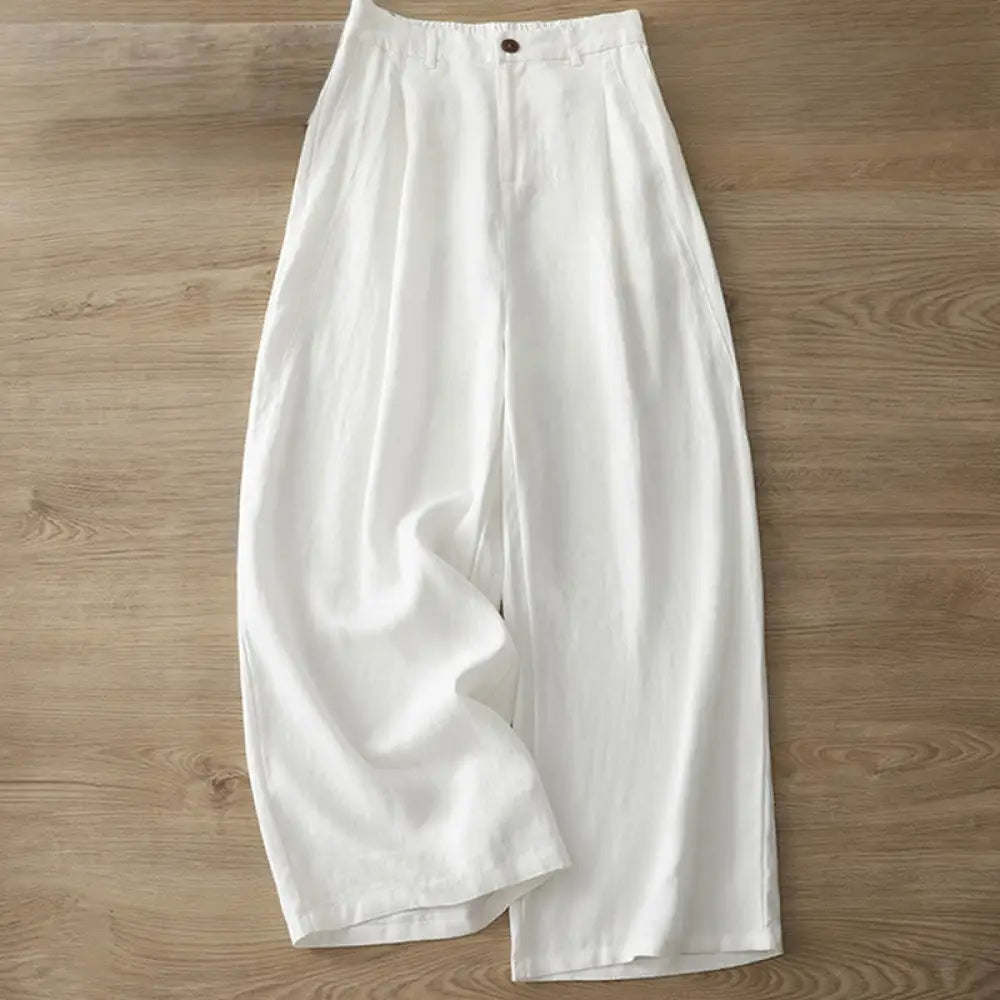 Buddha Stones Solid Color Cotton Women’s Button Wide Leg Pants With Pockets - White / US4，UK/AU8，EU36 (L) - Women’s