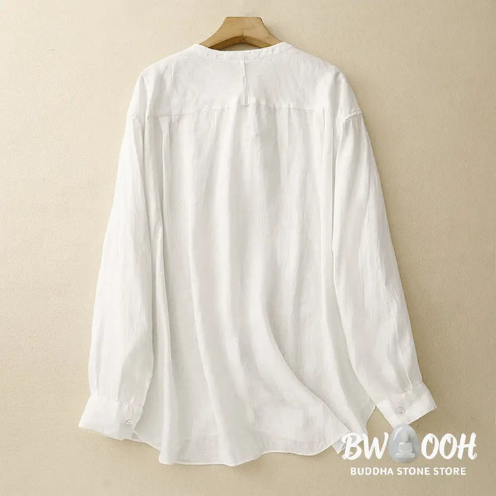 Buddha Stones Solid Color Crew Neck Buttons Design Women’s Cotton Long Sleeve Shirt - Women’s Shirts
