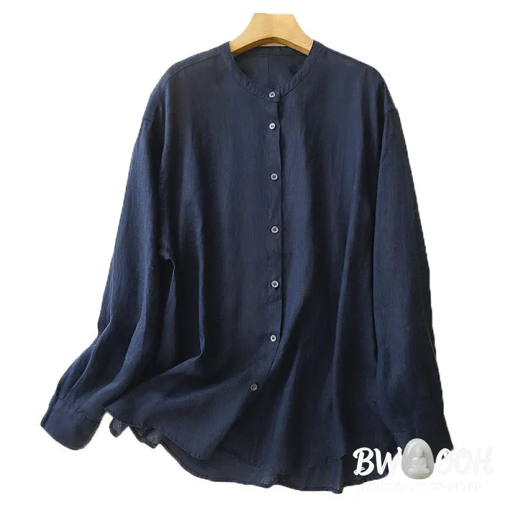 Buddha Stones Solid Color Crew Neck Buttons Design Women’s Cotton Long Sleeve Shirt - Women’s Shirts