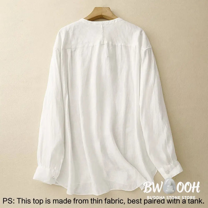 Buddha Stones Solid Color Crew Neck Buttons Design Women’s Cotton Long Sleeve Shirt - Women’s Shirts
