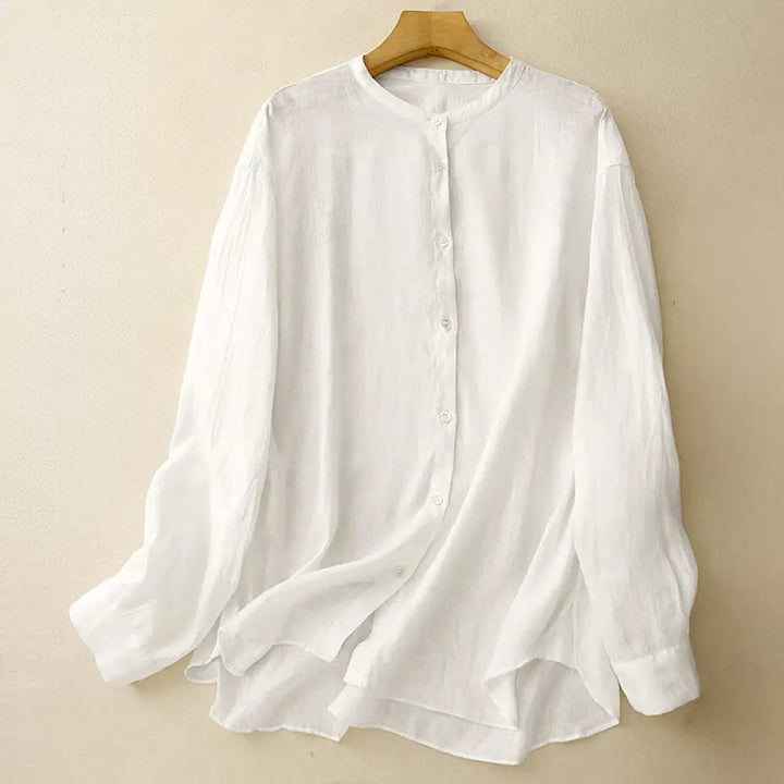 Buddha Stones Solid Color Crew Neck Buttons Design Women’s Cotton Long Sleeve Shirt - White / US4，UK/AU8，EU36 (L)