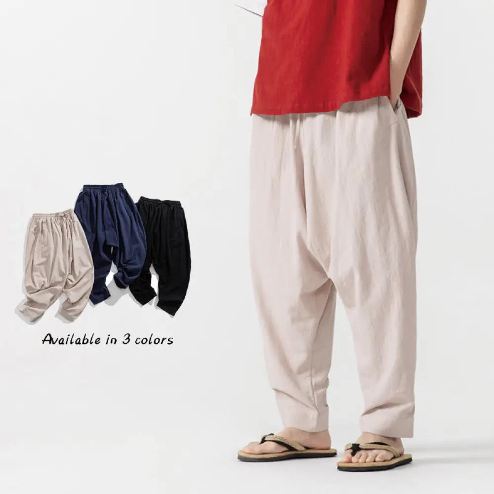 Buddha Stones Solid Color Drawstring Men’s Harem Pants With PocketsAnkle-Length (9 Length) - Beige / US/UK/AU36，EU46