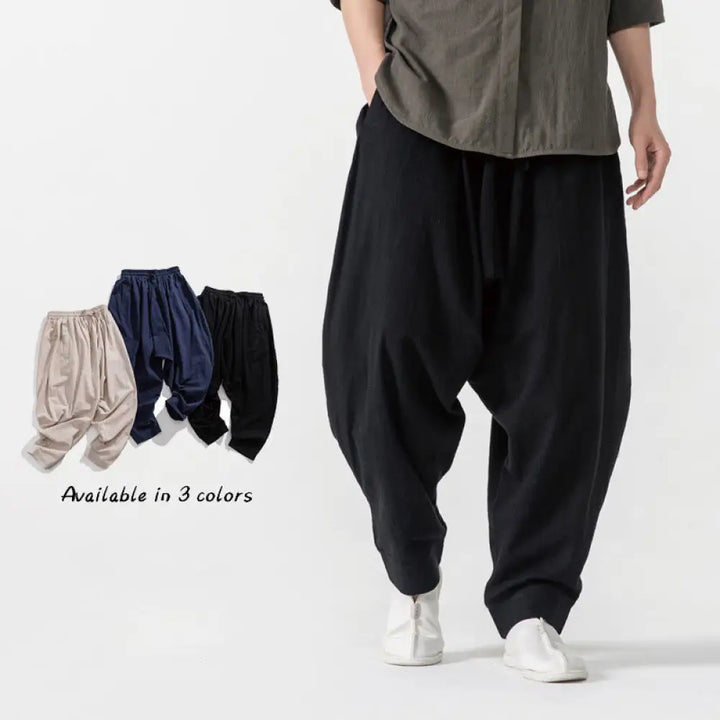 Buddha Stones Solid Color Drawstring Men’s Harem Pants With PocketsAnkle-Length (9 Length) - Black / US/UK/AU36，EU46
