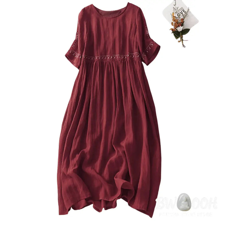 Buddha Stones Solid Color Embroidery Short Sleeve Cotton Midi Dress - Midi Dress