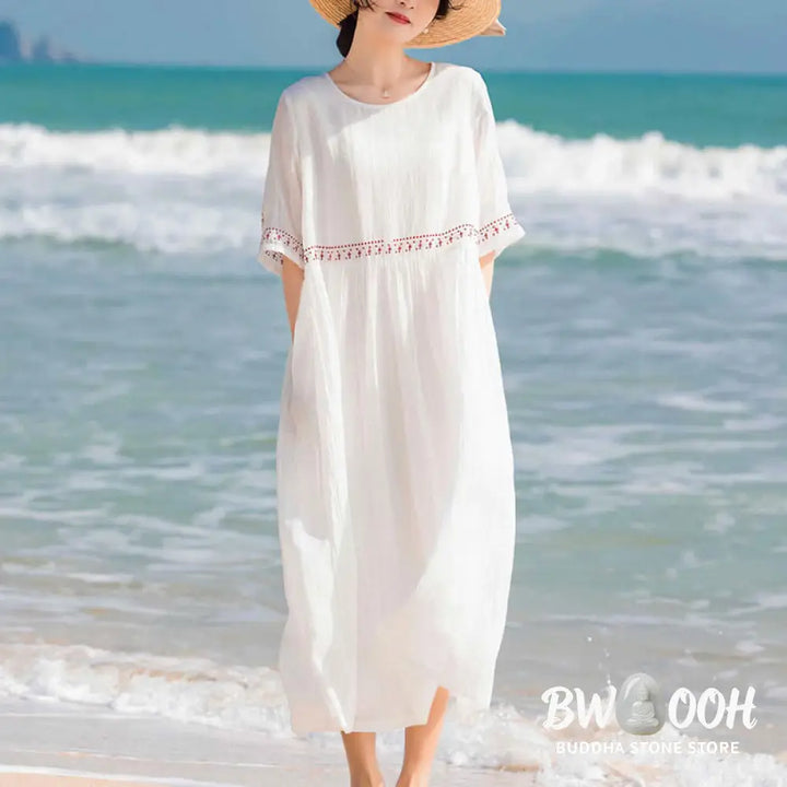 Buddha Stones Solid Color Embroidery Short Sleeve Cotton Midi Dress - Midi Dress