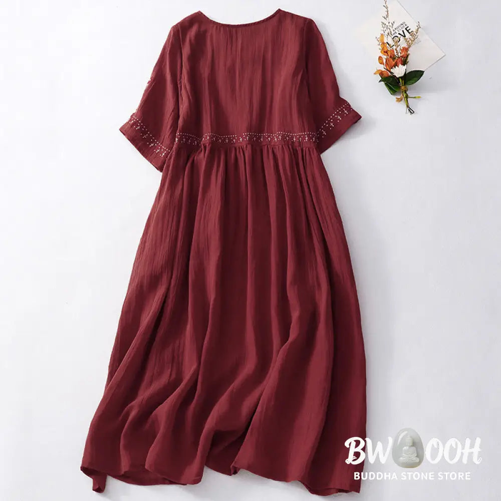 Buddha Stones Solid Color Embroidery Short Sleeve Cotton Midi Dress - Midi Dress