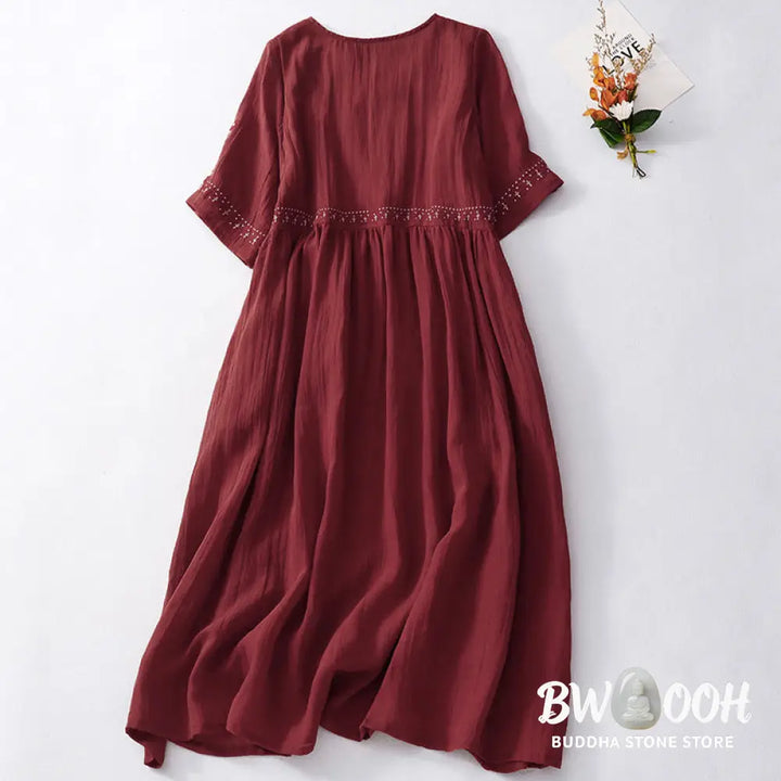 Buddha Stones Solid Color Embroidery Short Sleeve Cotton Midi Dress - Midi Dress