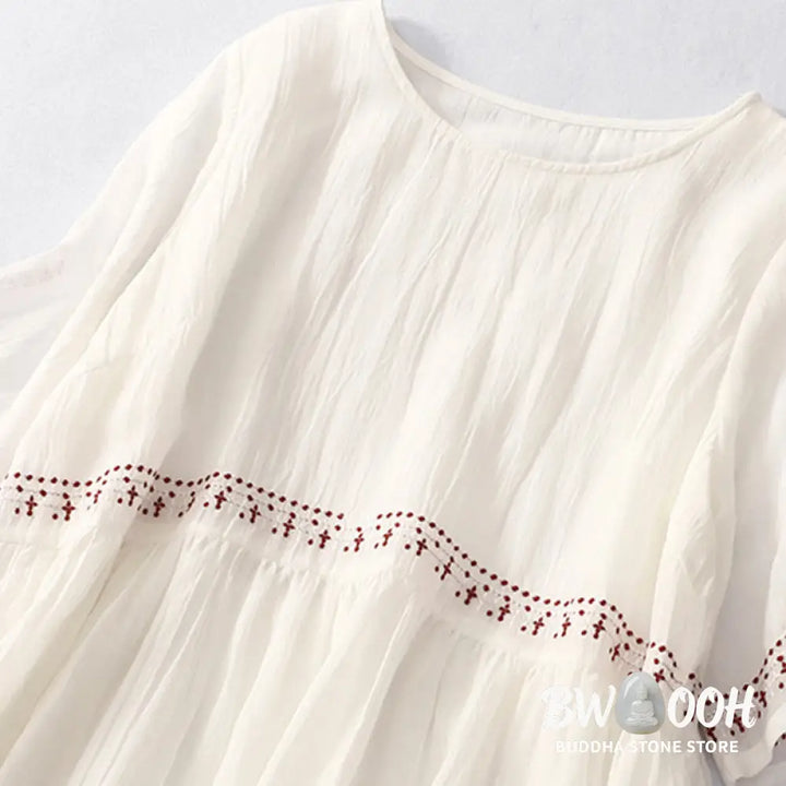 Buddha Stones Solid Color Embroidery Short Sleeve Cotton Midi Dress - Midi Dress