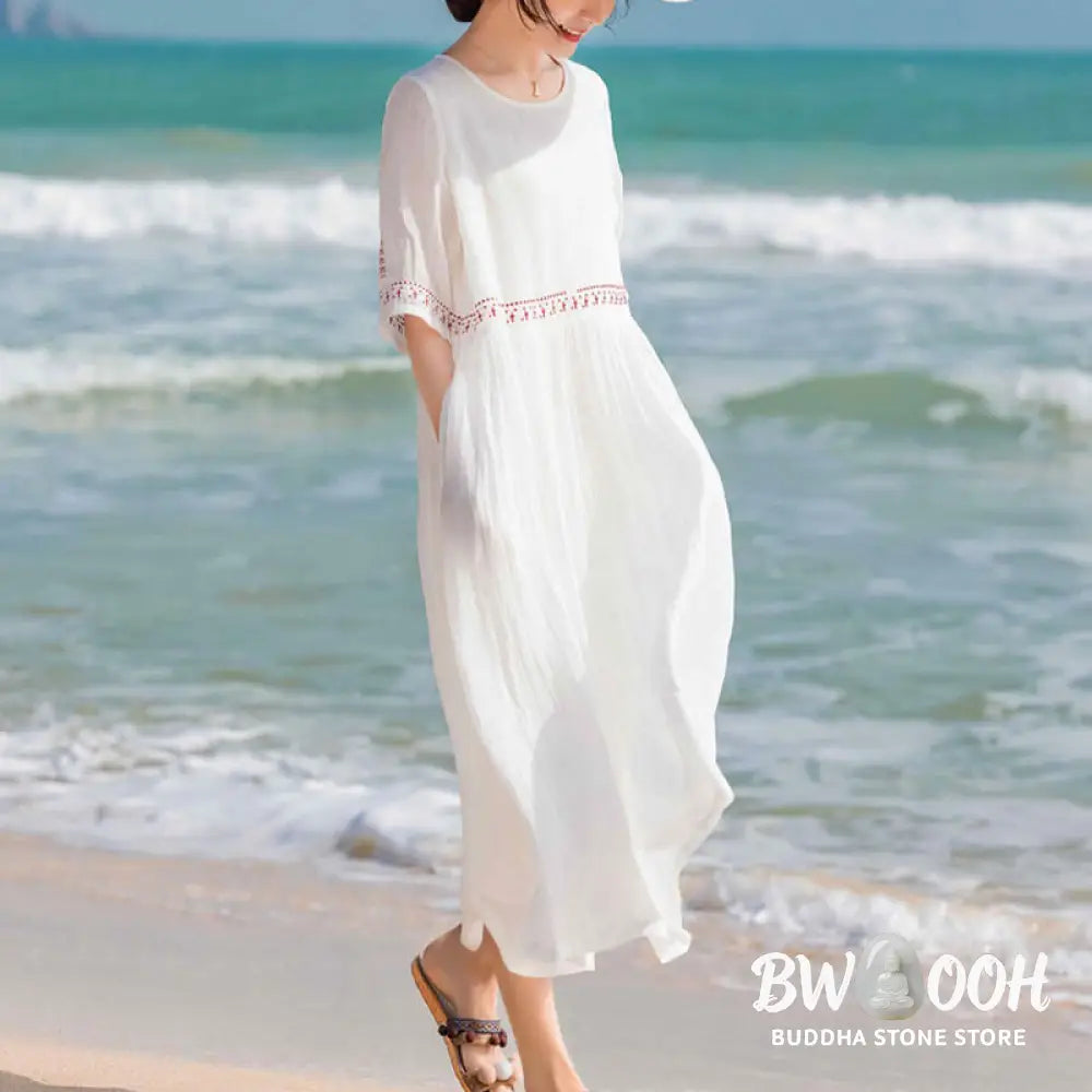 Buddha Stones Solid Color Embroidery Short Sleeve Cotton Midi Dress - Midi Dress