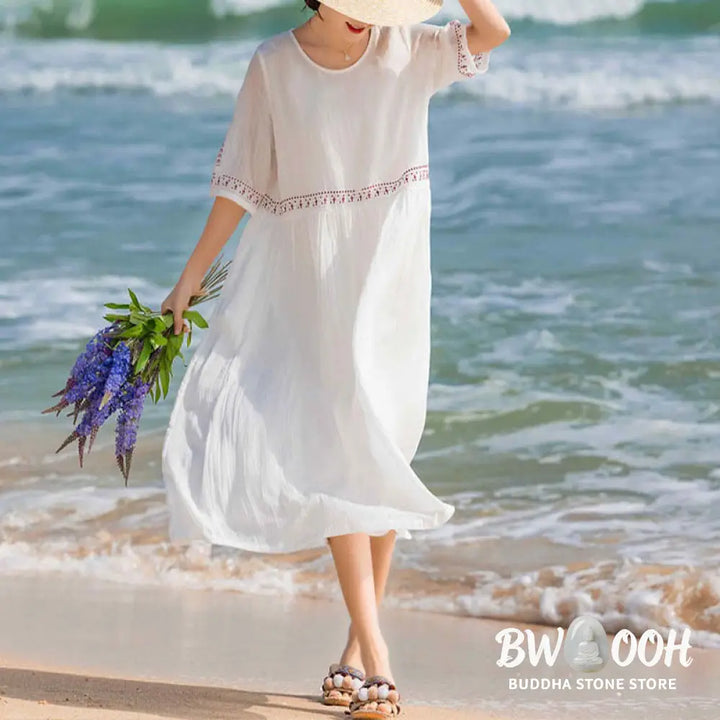 Buddha Stones Solid Color Embroidery Short Sleeve Cotton Midi Dress - Midi Dress