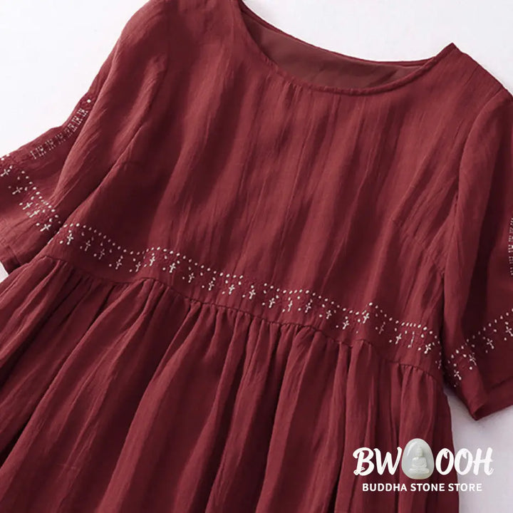 Buddha Stones Solid Color Embroidery Short Sleeve Cotton Midi Dress - Midi Dress