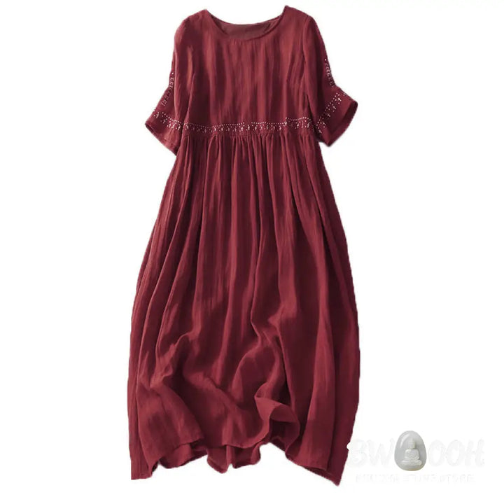 Buddha Stones Solid Color Embroidery Short Sleeve Cotton Midi Dress - Midi Dress