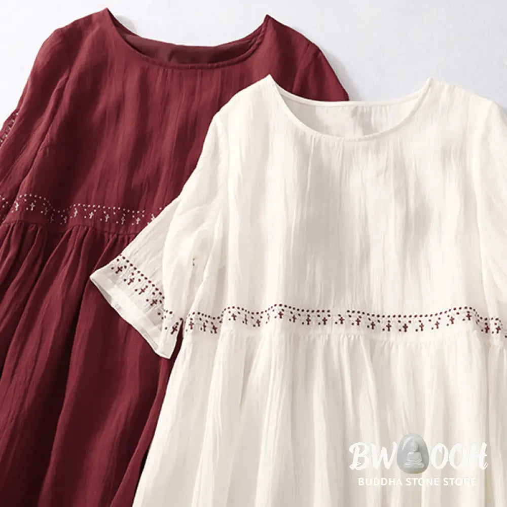 Buddha Stones Solid Color Embroidery Short Sleeve Cotton Midi Dress - Midi Dress