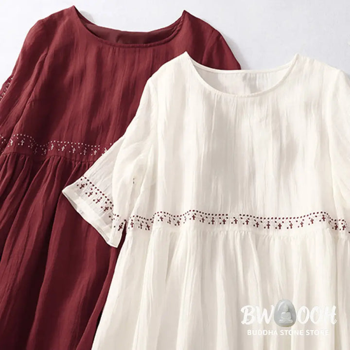 Buddha Stones Solid Color Embroidery Short Sleeve Cotton Midi Dress - Midi Dress
