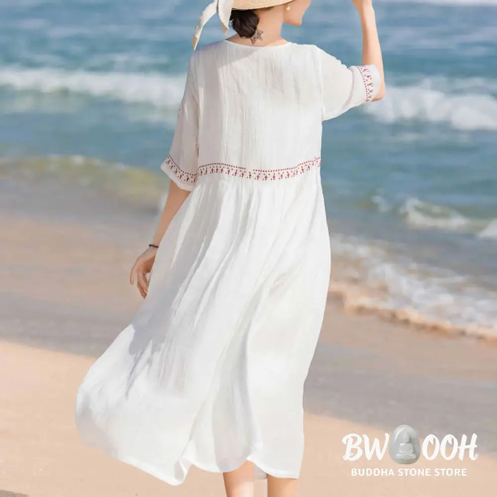 Buddha Stones Solid Color Embroidery Short Sleeve Cotton Midi Dress - Midi Dress