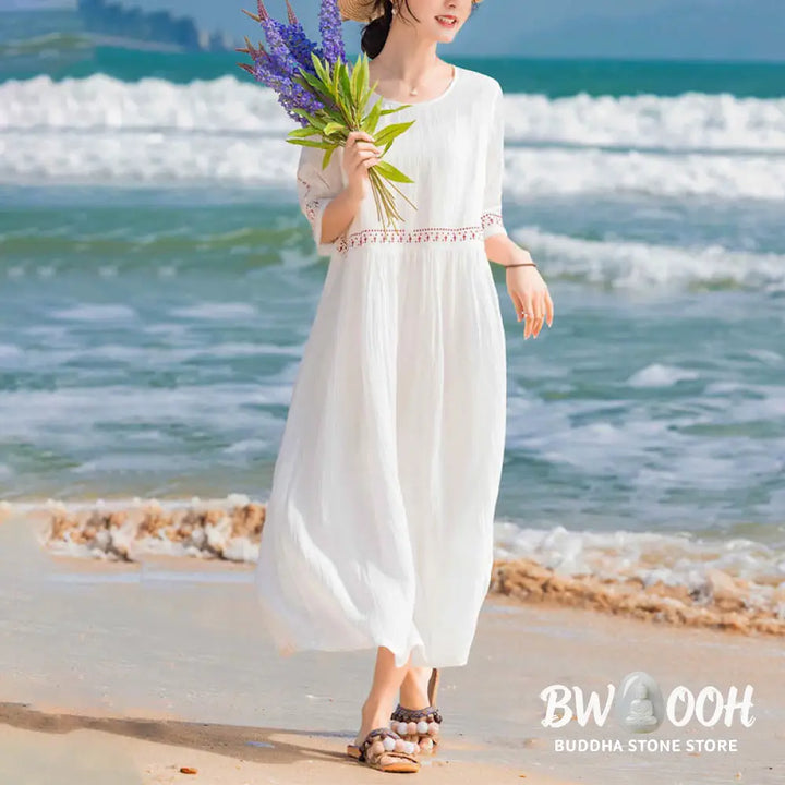 Buddha Stones Solid Color Embroidery Short Sleeve Cotton Midi Dress - Midi Dress