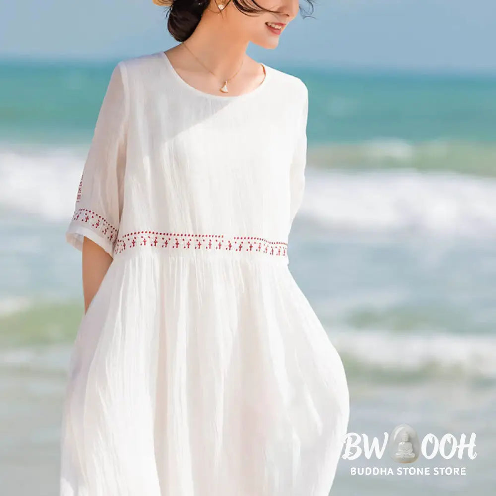 Buddha Stones Solid Color Embroidery Short Sleeve Cotton Midi Dress - Midi Dress