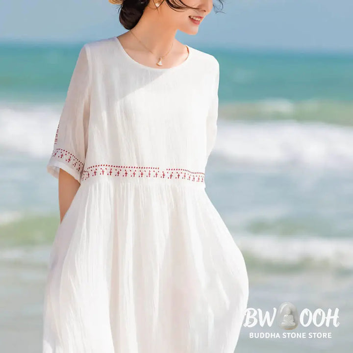 Buddha Stones Solid Color Embroidery Short Sleeve Cotton Midi Dress - Midi Dress