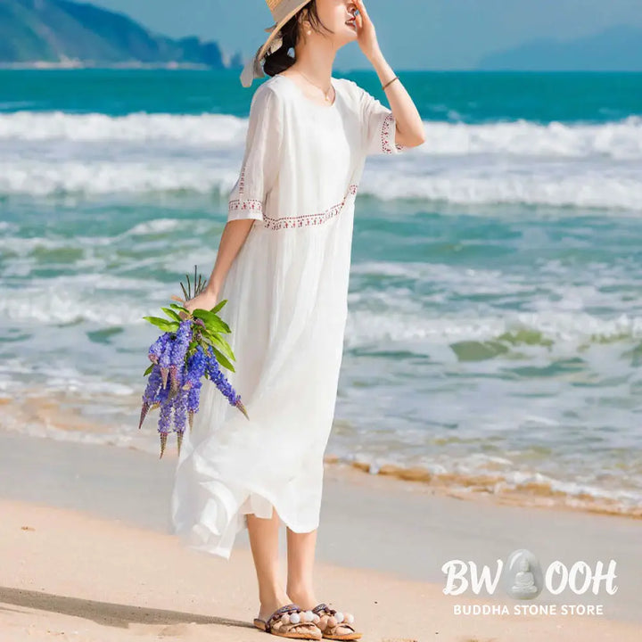 Buddha Stones Solid Color Embroidery Short Sleeve Cotton Midi Dress - Midi Dress